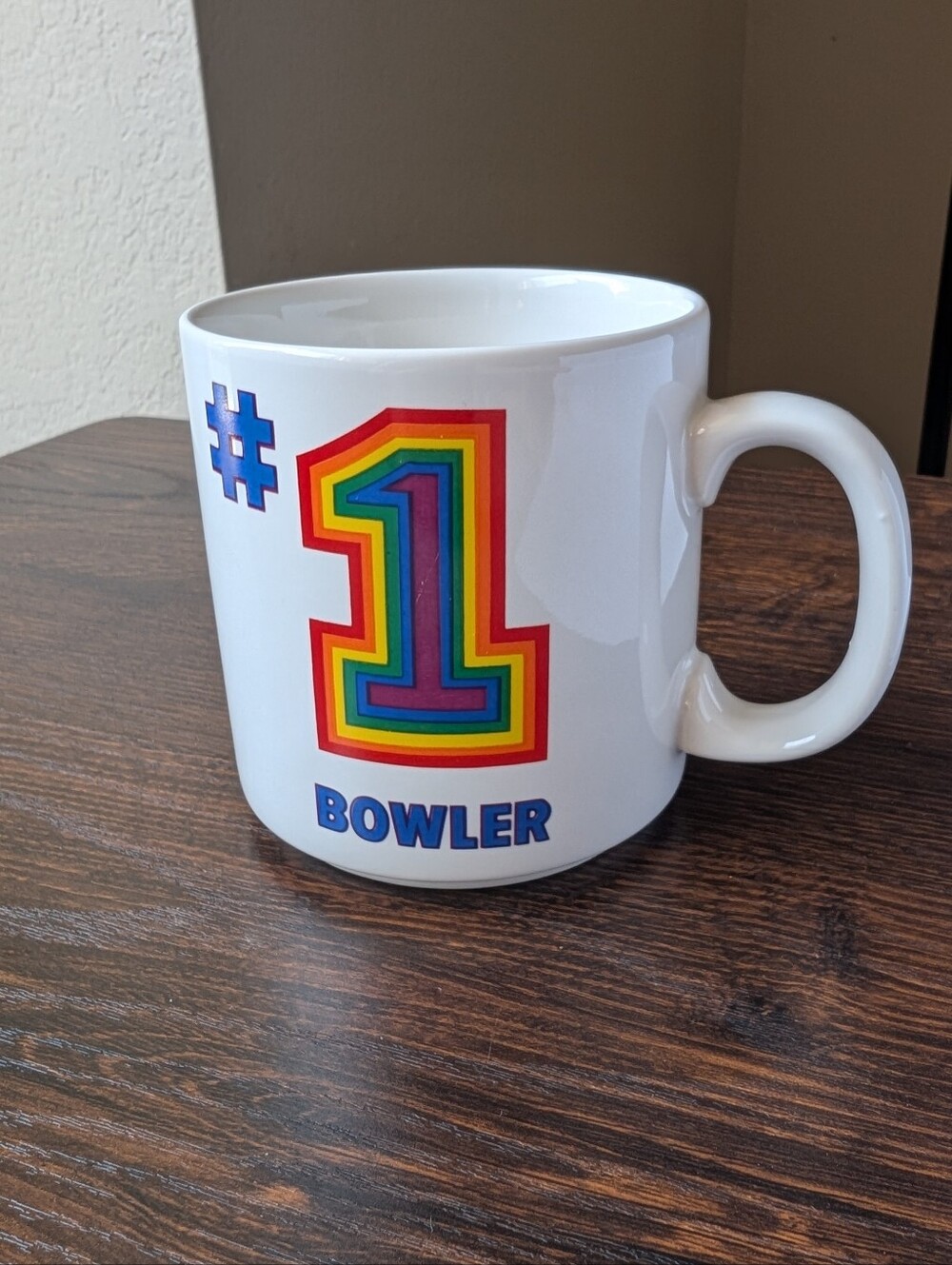 Vintage 80s Papel Rainbow #1 Bowler White Ceramic Gift Coffee Cup Mug